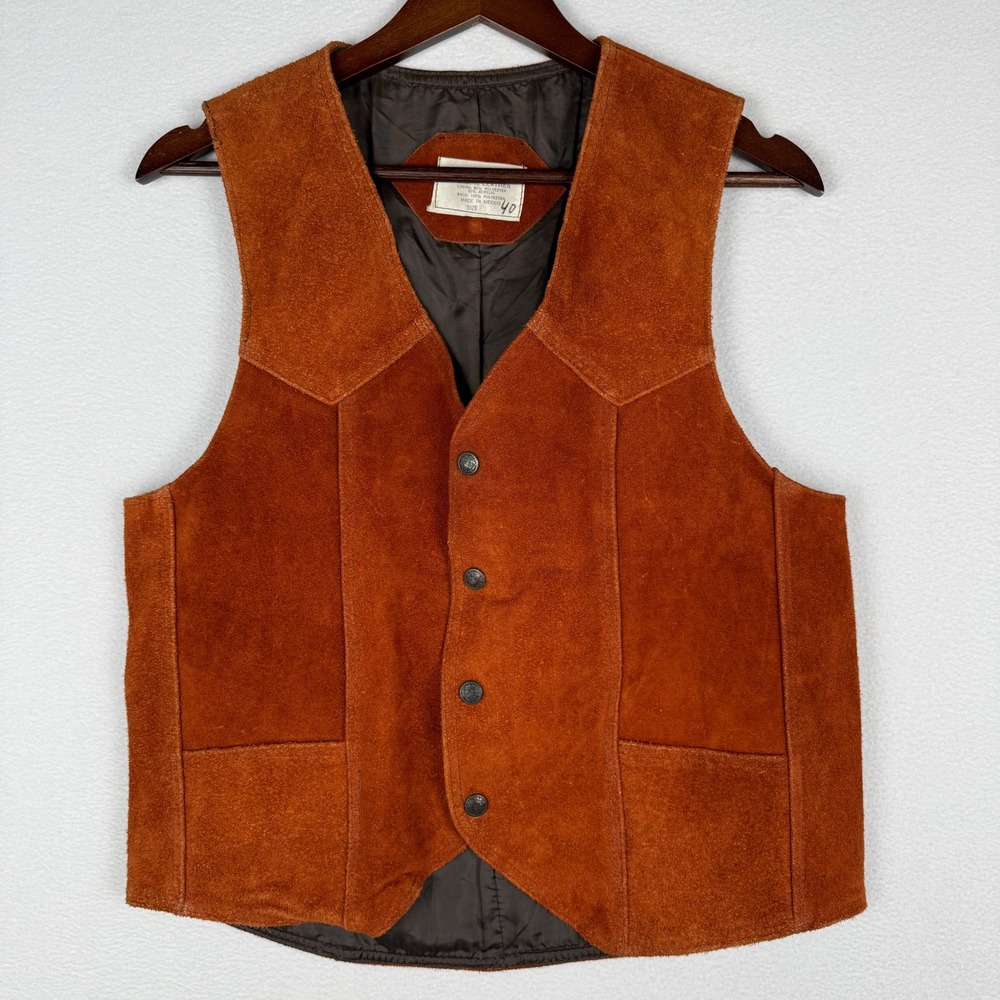 Vintage I.D.M. Suede Leather Vest Mens 40 Brown 70s Western Cowboy Snap Front